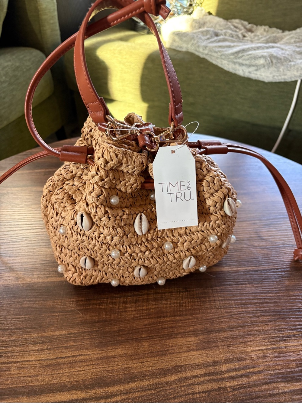 Time and Tru Tan Woven Shell & Pearl Drawstring Crossbody